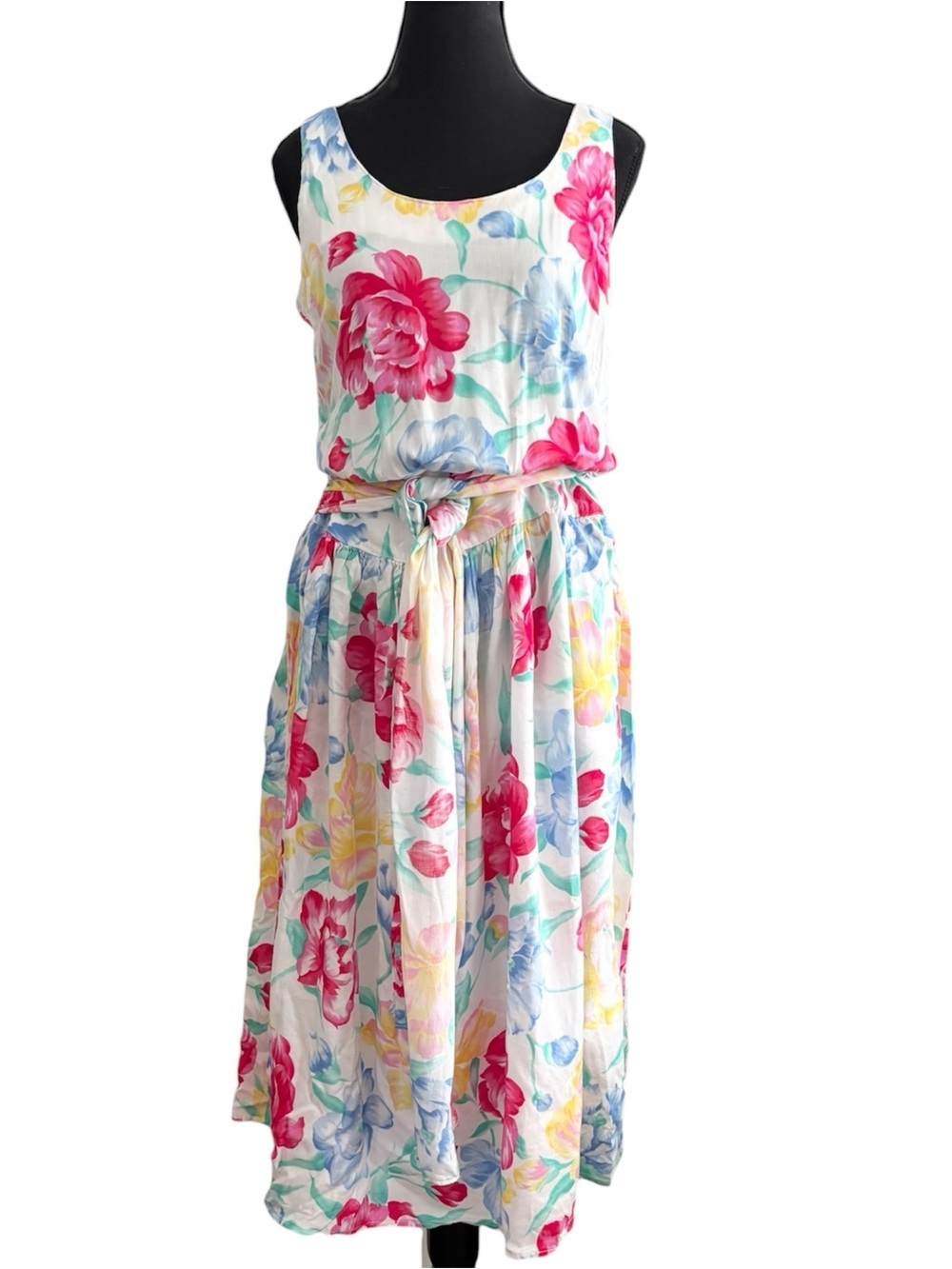 Vintage Floral Tie Waist Scoop Neck Midi Sundress